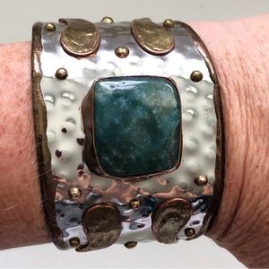 Artisan Boho Statement Green Moss Agate Mixed Metal Cuff Bracelet